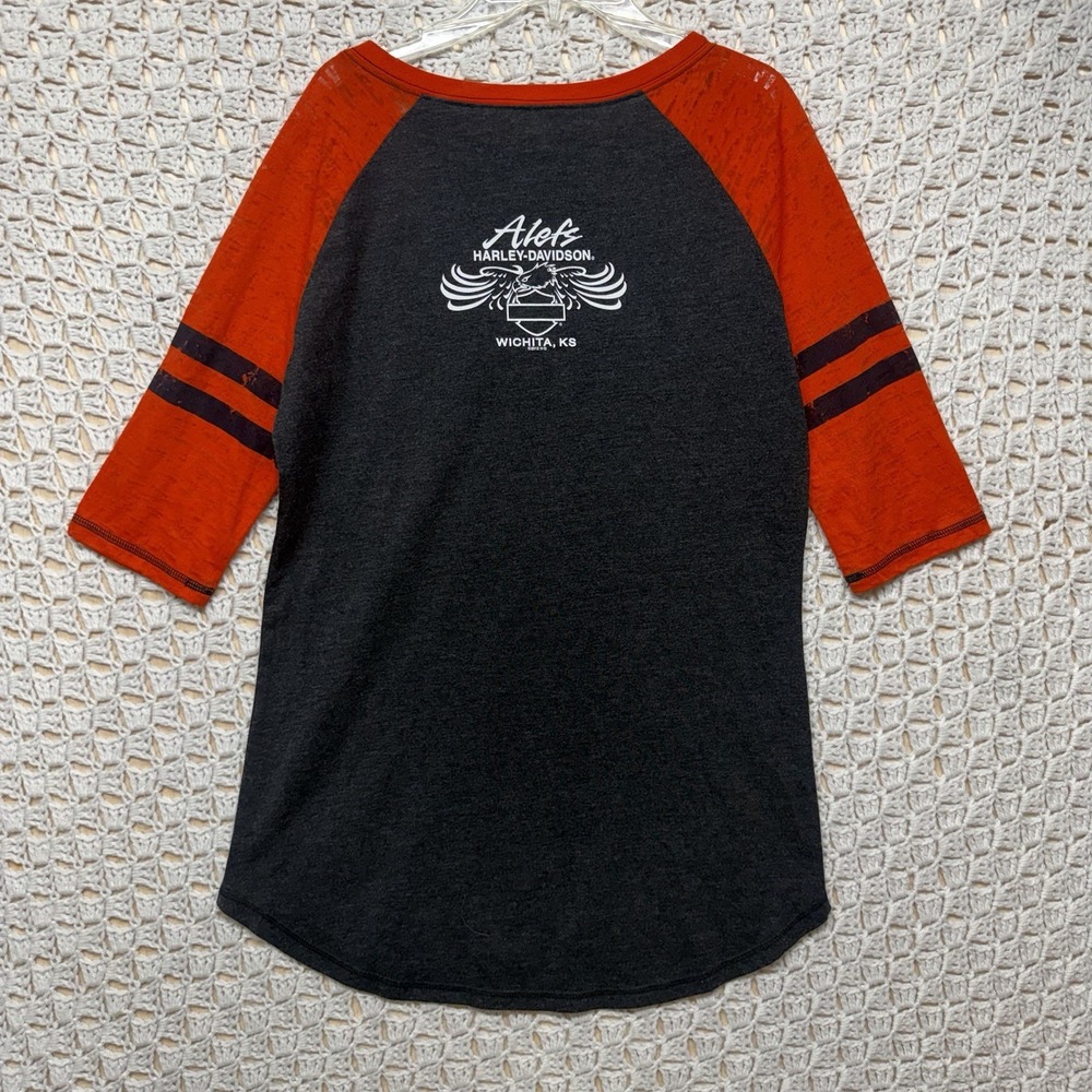 Harley Davidson Top Shirt Women Size L Black orange Motorcycle 3/4 Sleeve V Neck - Picture 3 of 10